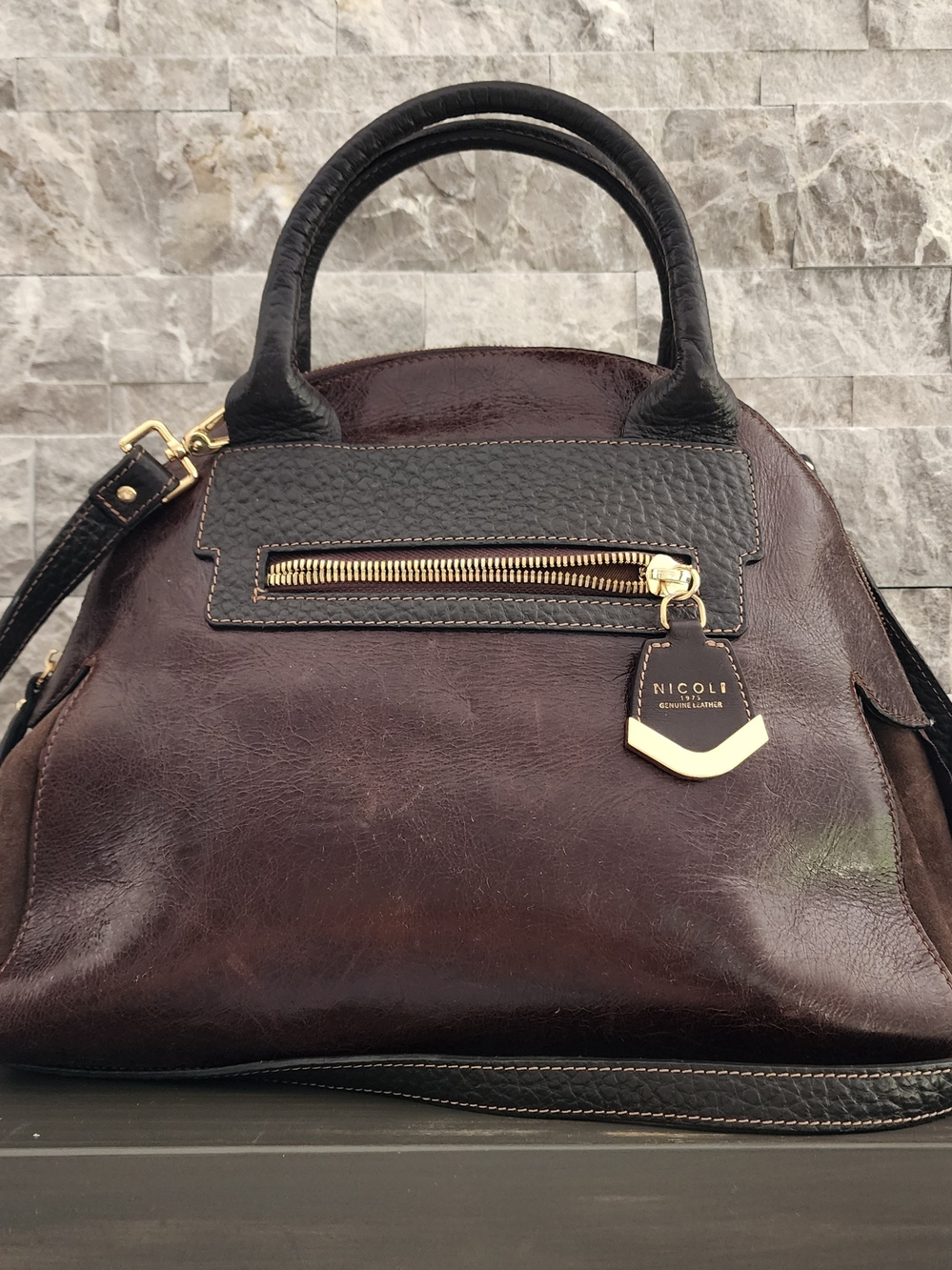 NICOLI Brown Leather Satchel with Black Trim and Gold Hardware